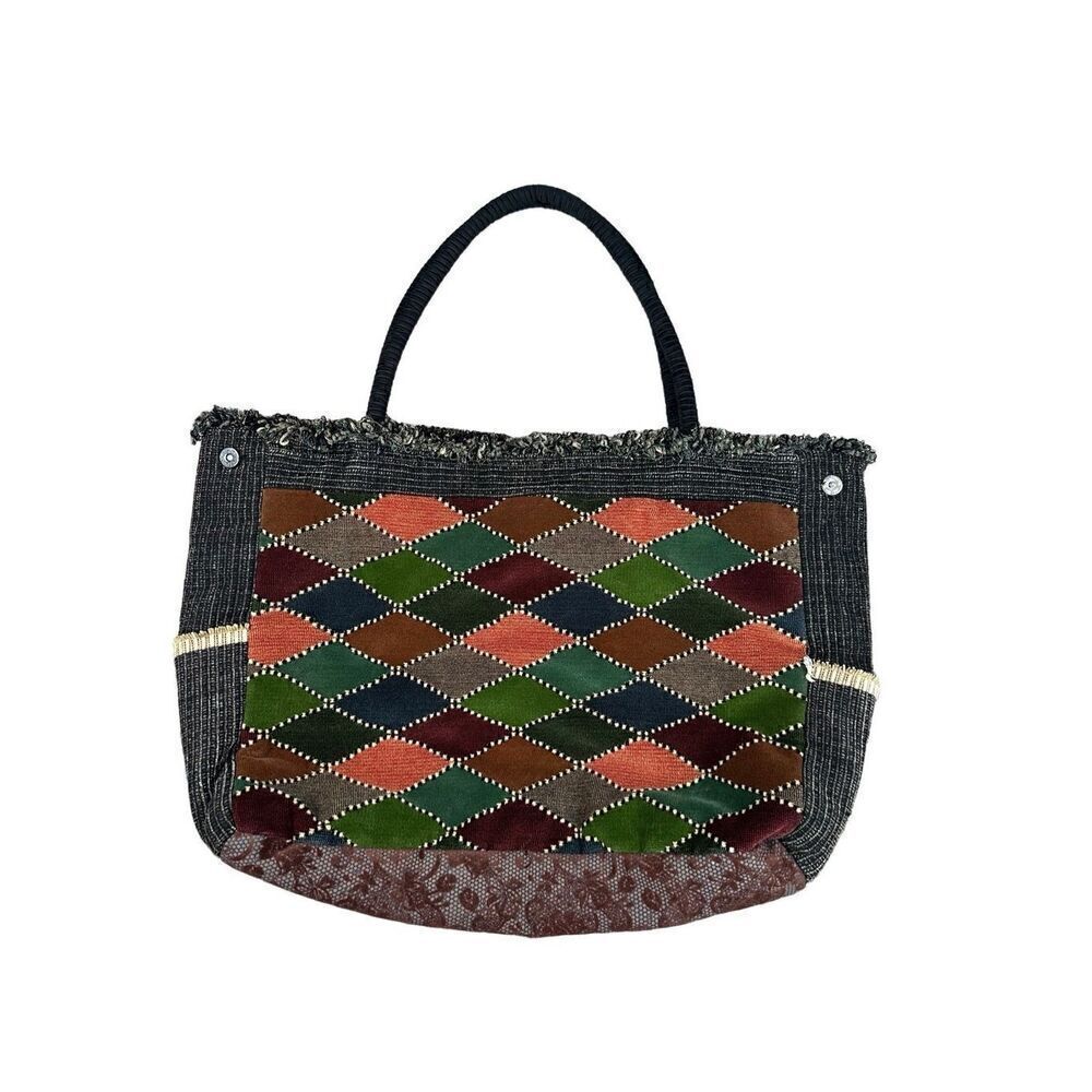 vintage handmade quilted patchwork textured large tote bag purse boho multi
